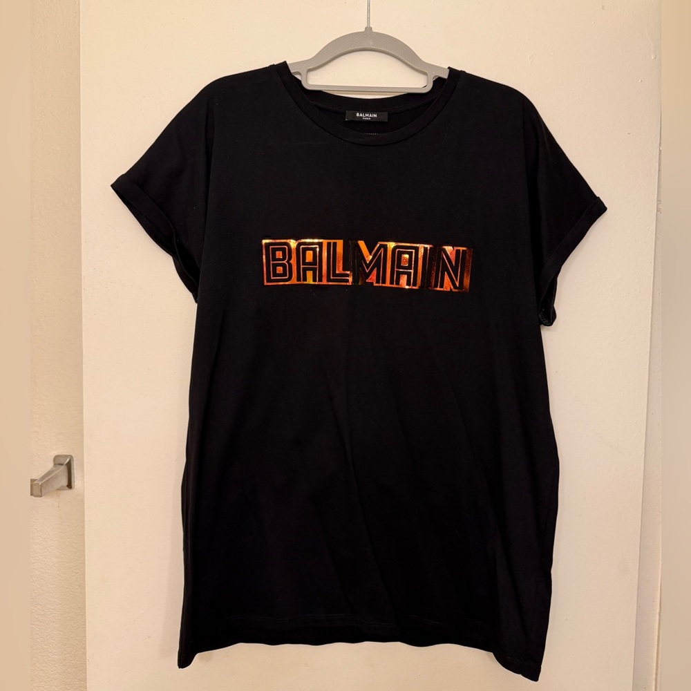 Balmain Black Tee with Vibrant Orange Accents